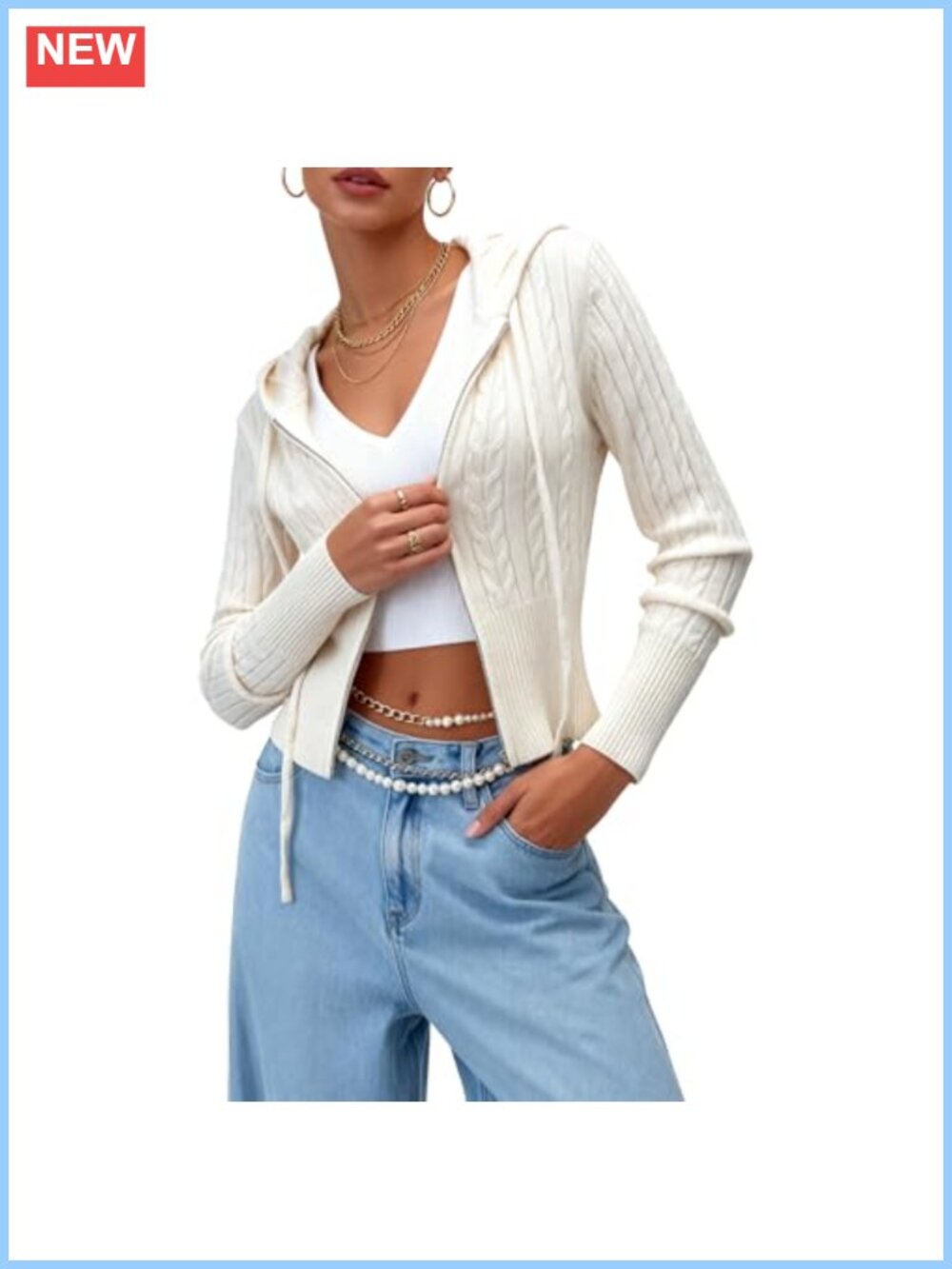 Women's Zip Up Cable Knit Hoodie Cropped Cardigan Sweater